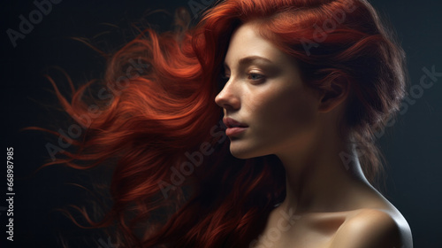 Crimson Elegance: Mesmerizing Woman with Vibrant Red Tresses Showcases Artistry in Beauty and Hairdressing Against a Dark Backdrop..