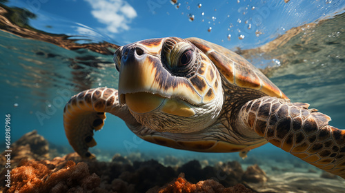 Close up view of a marine sea turtle. Marine and wildlife concept.
