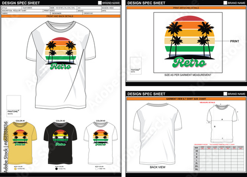 RETRO SUNSHINE STREETWEAR VECTOR DIGITAL DTG DTF HEAT TRANSFER STICKER SUBLIMATION PRINT MEN BOYS REGULAR T SHIRT TECHPACK MEASUREMENT LAYOUT TEMPLATE DESIGN
