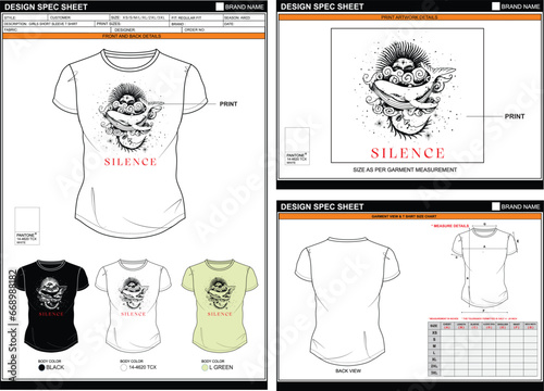  SILENCE MOON STREETWEAR VECTOR DIGITAL DTG DTF HEAT TRANSFER STICKER SUBLIMATION PRINT WOMEN GIRL SHORT SLEEVE T SHIRT TECHPACK MEASUREMENT LAYOUT TEMPLATE DESIGN