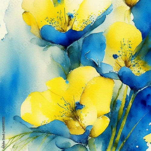 Blue and yellow watercolor flowers with stems and leaves. Watercolor art background.