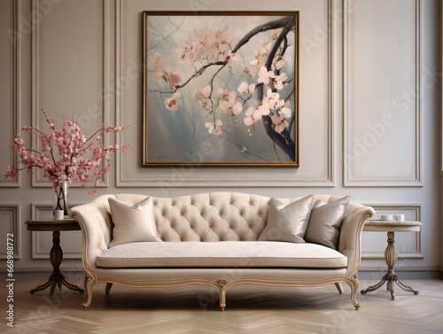 Beige Cabriole Sofa with Curves: Focus on Legs in Room