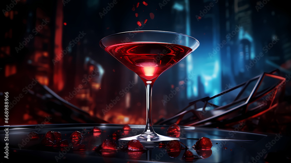 A wild night with a bold red cocktail, set against a dark, mysterious nightclub background, igniting the thrill of a night out on the town