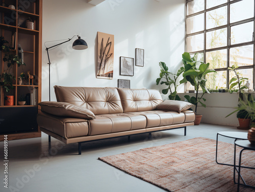 Beige Leatherette Sofa with Focus on Stitching Room