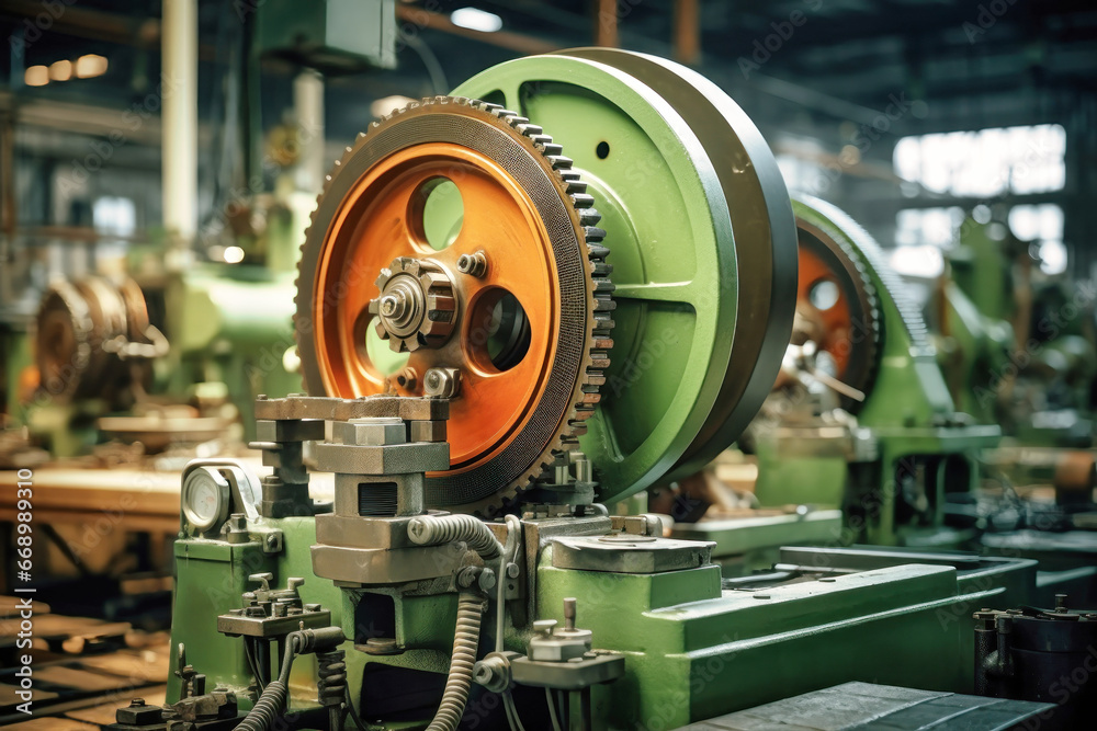 Fototapeta premium Photo of an interior view of a large industrial machine in a factory. Modern metal processing at an industrial enterprise. Manufacturing of high-precision parts and mechanisms.