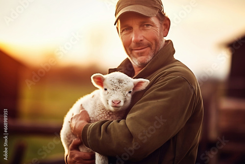 A farmer holds a newborn calf in his arms. Animal husbandry and agriculture. The birth of a calf on a small farm. Cattle breeding. Livestock farming in rural areas.