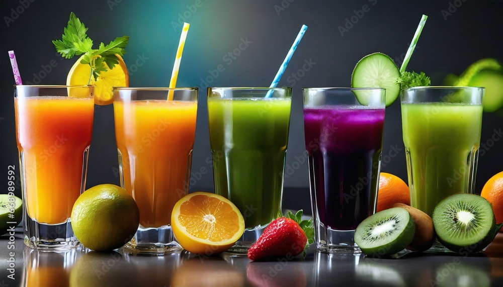 Fresh fruit detox juices on glasses - obrazy, fototapety, plakaty 