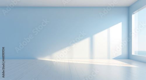 Minimalist background of a light empty wall with floor and shadows for product presentation and space for text