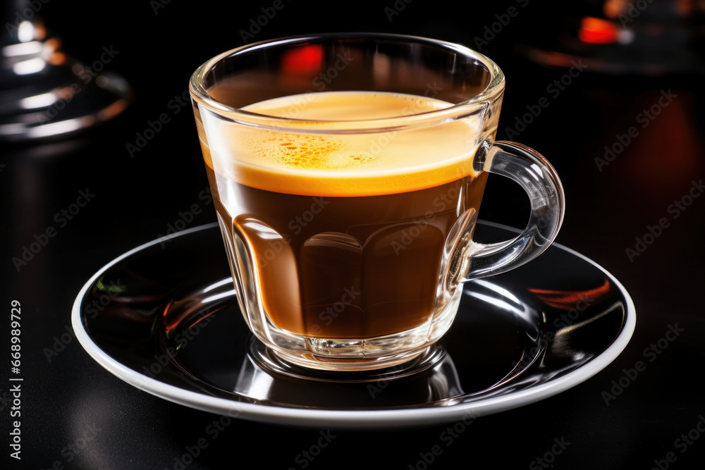 Photo of a delicious cup of freshly brewed coffee on a sleek black plate Photo of a delicious cup of freshly brewed coffee on a sleek black plate