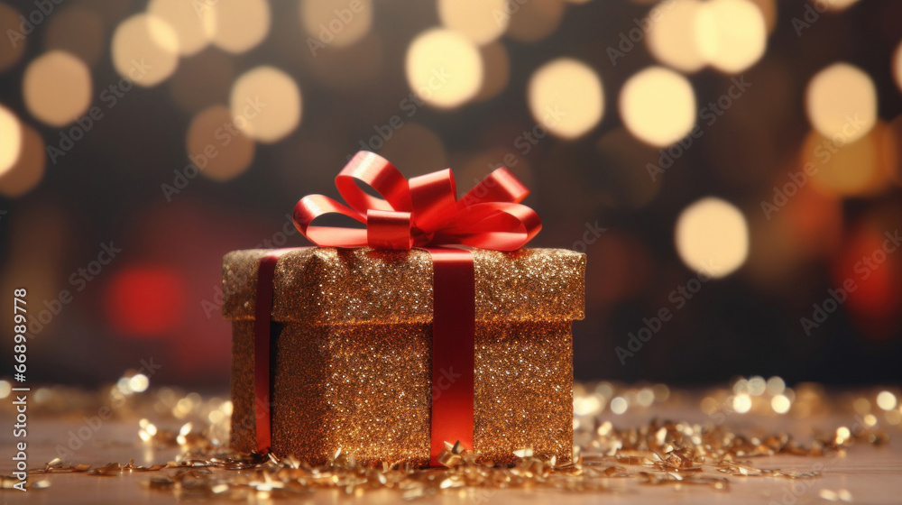 Christmas golden gift boxes on blur bokeh background Christmas golden gift boxes on blur bokeh background