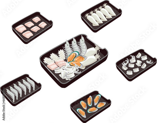 vector set of Seafood menu,Shabu,sukiyaki,moo kra ta,fresh shrimp,squid,oyster.