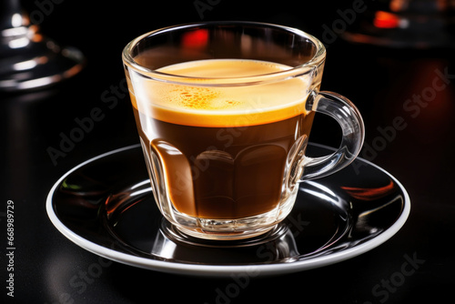 Photo of a delicious cup of freshly brewed coffee on a sleek black plate
