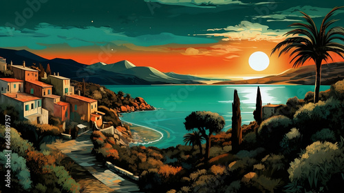A painting of a sunset over the ocean in Tuscany, stylised painting, Generative AI