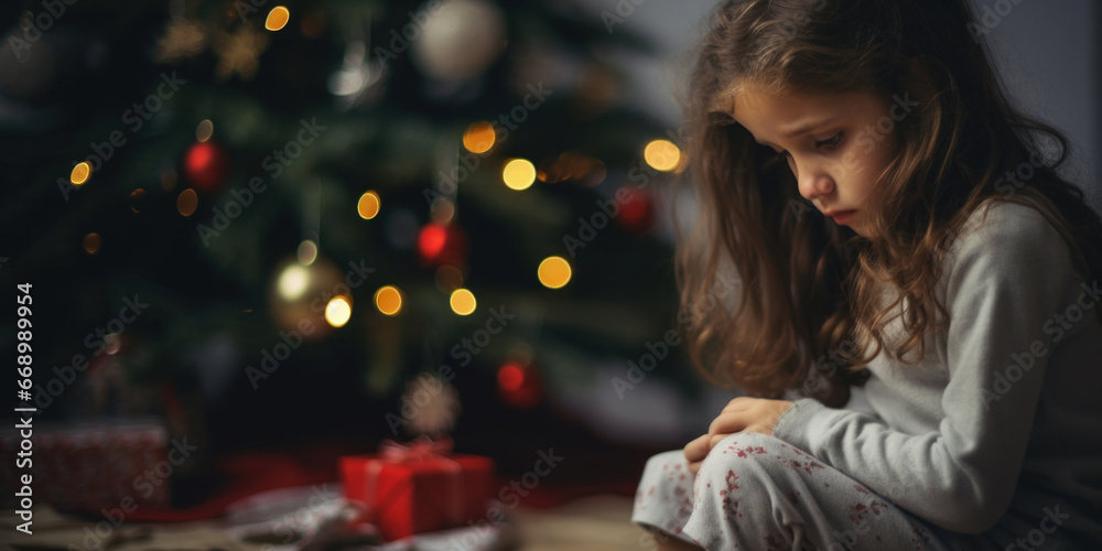 A distraught child sits by the Christmas tree A distraught child sits by the Christmas tree