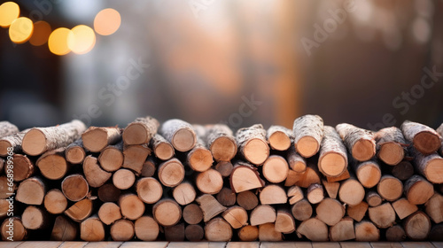 Stack of firewood on the table against the blurred background