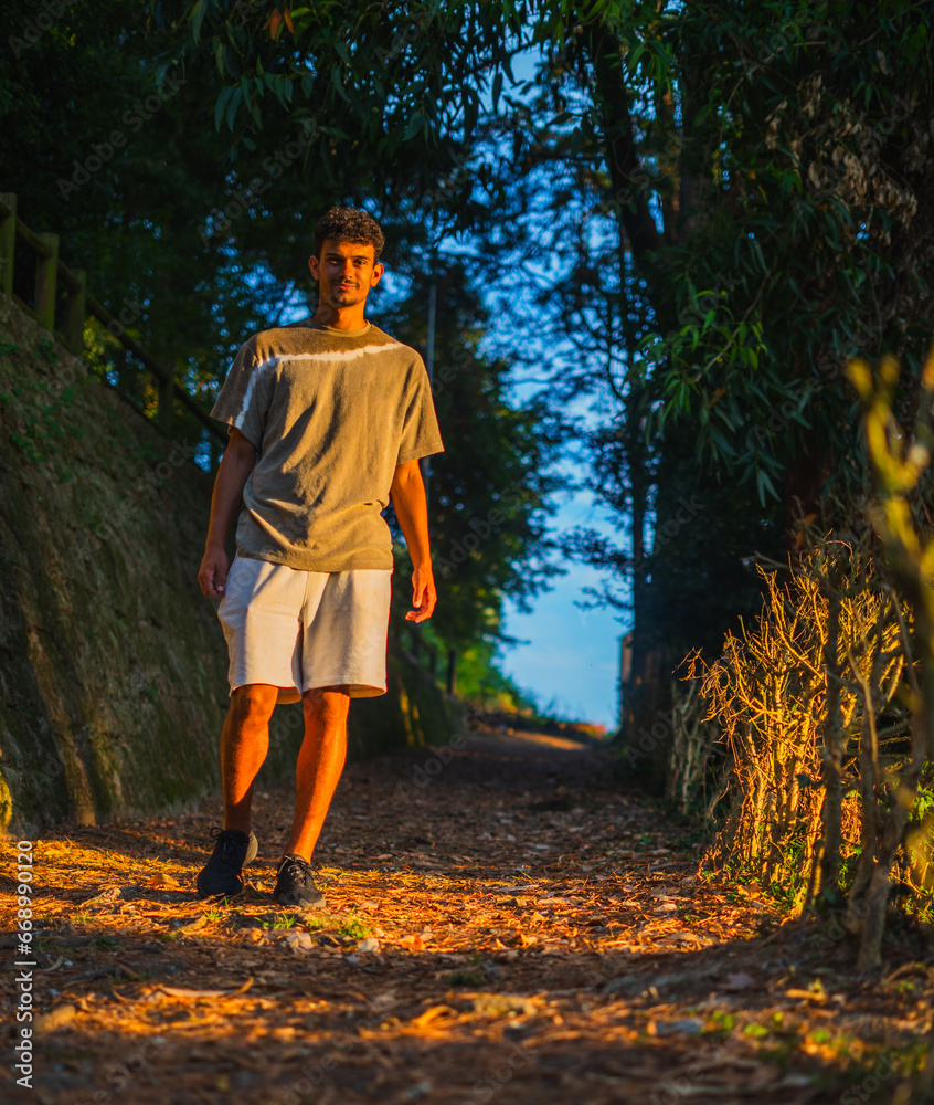 African american student smiling and walking in the park in summer season African american student smiling and walking in the park in summer season