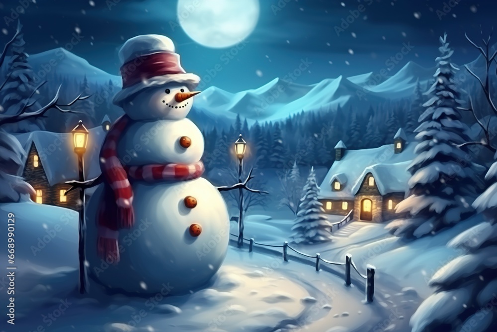 Obraz premium Christmas backdrop decoration with snowman on snow at night with Christmas tree view and small village with blue sky