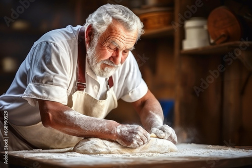 An elderly male baker prepares dough for bread in the kitchen. Kneads dough for baking. Homemade bread production. Fresh bakery. Private production.