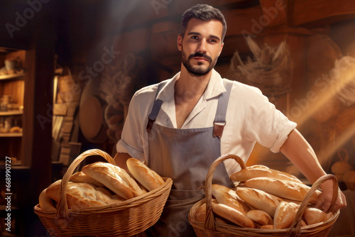 Male baker with a basket of bread. A man works as a baker in a bakery. Private bread production. Small business. Demonstration of fresh bread.