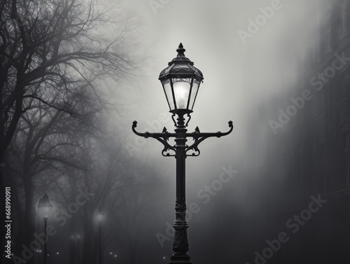 Close-up of Gas Lamp in Foggy Backdrop