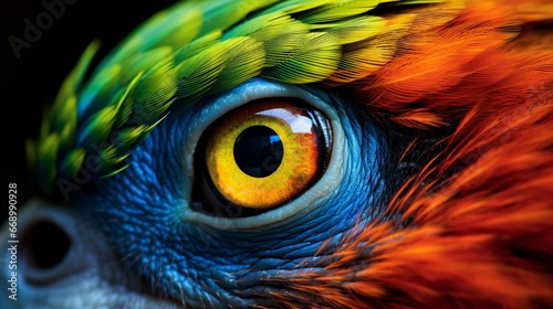 A close-up of a parrot's eye, reflecting the vibrant world it perceives.