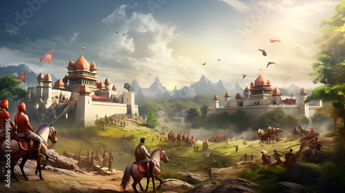 a group of people riding horses in front of a castle, a detailed matte painting by Ram Chandra Shukla, cg society contest winner, fantasy art, matte painting, concept art, artstation hd
 photo