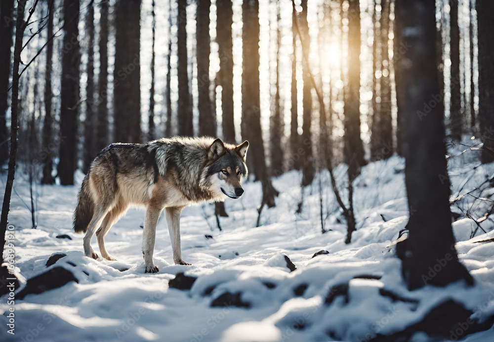 Wolf in Winter Forest, 
Majestic Winter Wolf, 
Wild Wolf in Snowy Woods, 
Lone Wolf in Frosty Forest