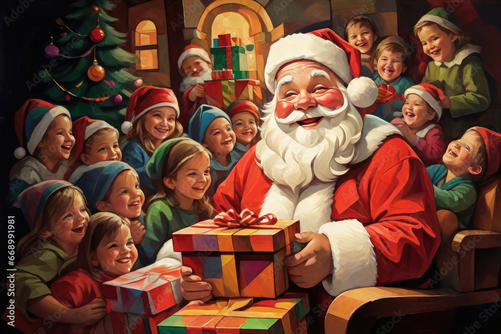 cubism painting of santa claus on winter Christmas eve cubism painting of santa claus on winter Christmas eve