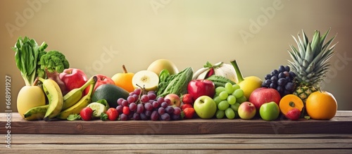 Fruits and vegetables on table blurred background