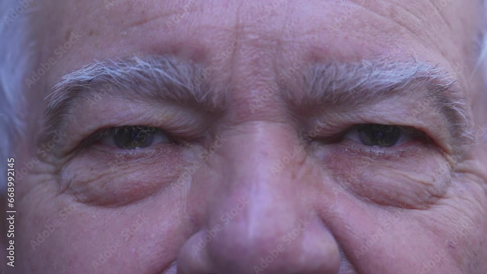 Senior man eyes with wrinkles, old age expression in macro detail close-up of a serious older male caucasian person Senior man eyes with wrinkles, old age expression in macro detail close-up of a serious older male caucasian person