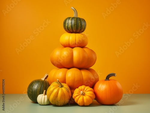 Pumpkin stack on orange background. Autumn composition. Thanksgiving concept