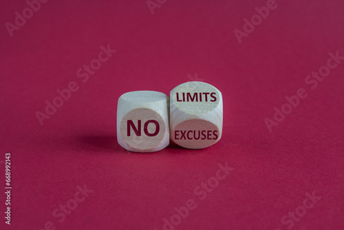 Concept red words No excuses No limits on wooden cubes. Beautiful red background. Business motivational no excuses limits concept. Copy space.