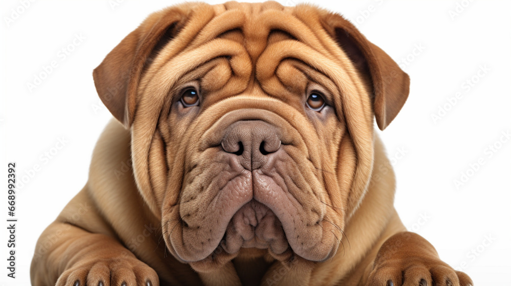 Portrait of A brown Sharpei in crouching position with adorable eyes.
