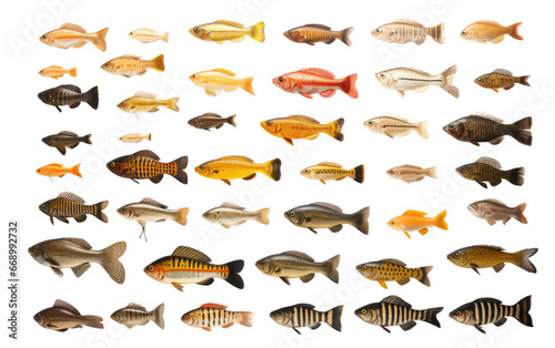 Multiple Colors of Different Fishes Isolated on Transparent Background PNG.