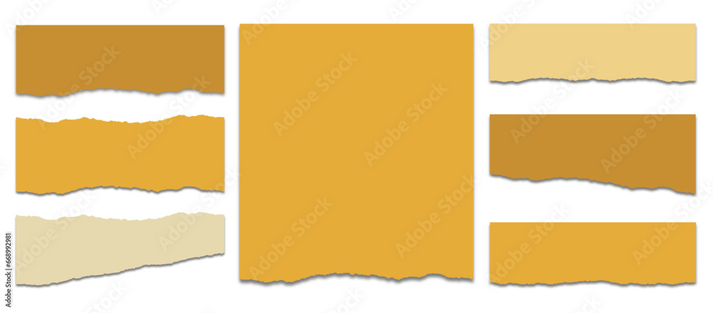 Naklejka premium Golden torn paper. Collection of realistic ripped pieces of scrap papers.