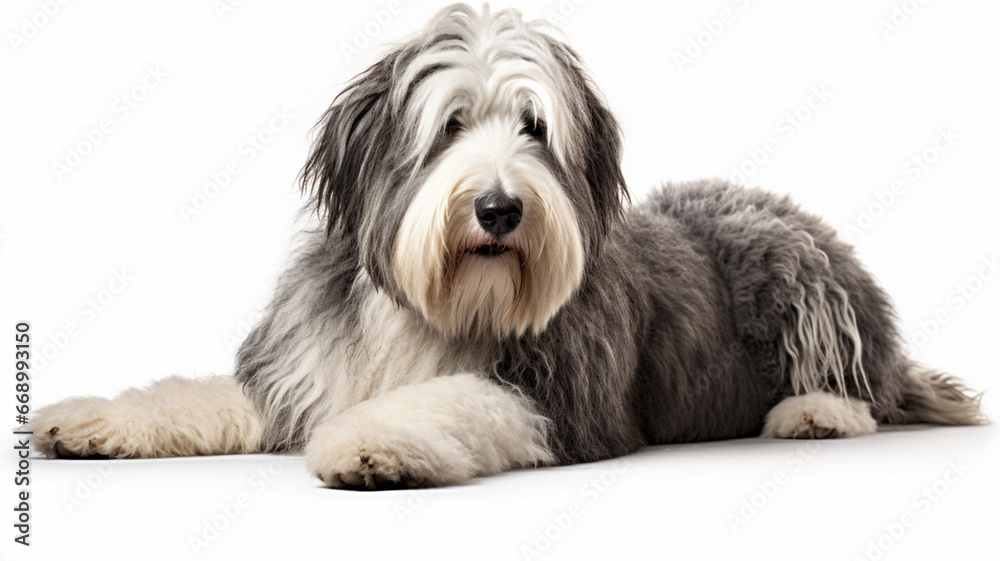 Portrait of  English sheep dog with fluffy coat in crouching position