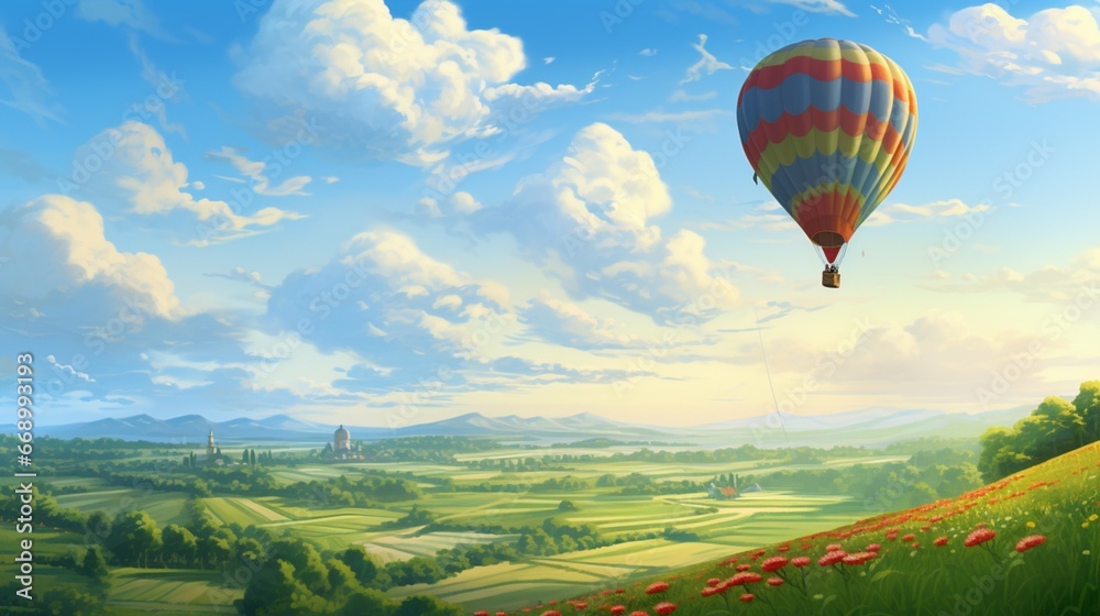 The tranquil scene of a hot air balloon floating gracefully over a patchwork of green fields below.