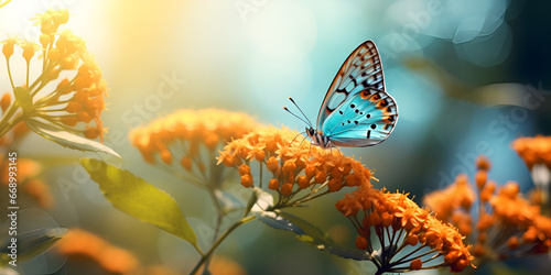 A butterfly sits on a flower with the words butterfly on it Close up butterfly perched on a flower image with blured sky and sun light background Ai Generative 