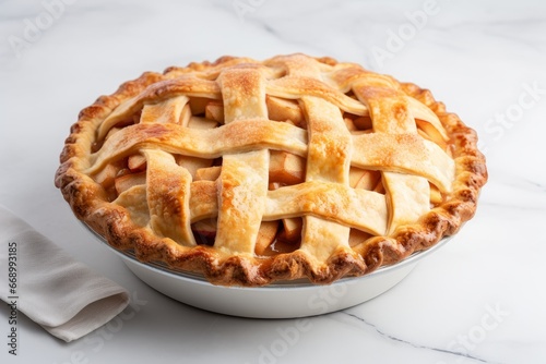 Photo of a classic American apple pie with a lattice crust on a spotless white countertop. Generative AI