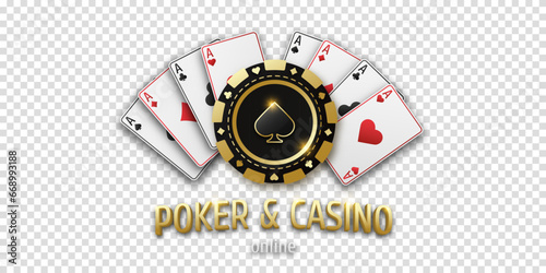 Concept poker and casino. Realistic playing chip spade and playing ace cards of all suits. Gambling token with suit spades. Banner for web app or site. Vector poster for championship.