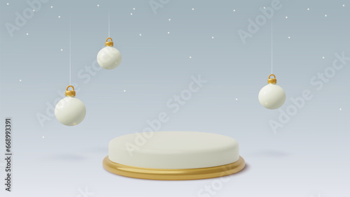 3d winter holiday podium with Christmas ornaments and snow. Horizontal minimal product background with three dimensional cylinder empty stage and hanging balls - white and gold New Year decorations.