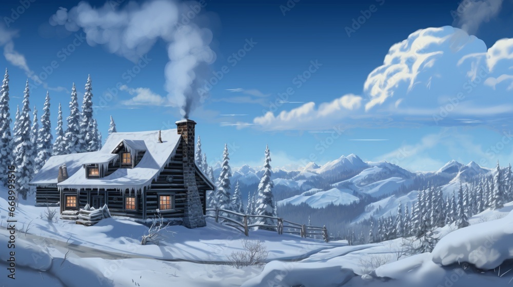 A cozy cabin blanketed by snow, smoke curling from its chimney into the clear blue sky.