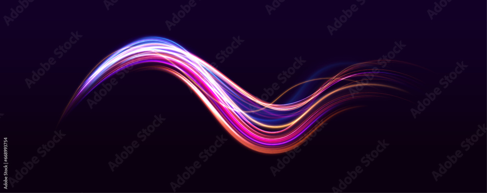 Acceleration speed motion on night road. Vector glitter light fire flare trace. Abstract image of speed motion on the road. Bright sparkling background.  - obrazy, fototapety, plakaty 