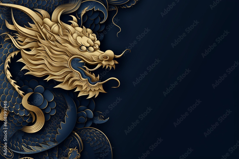 Dragon on blue background. Vector illustration for Chinese New Year. Golden dragon.