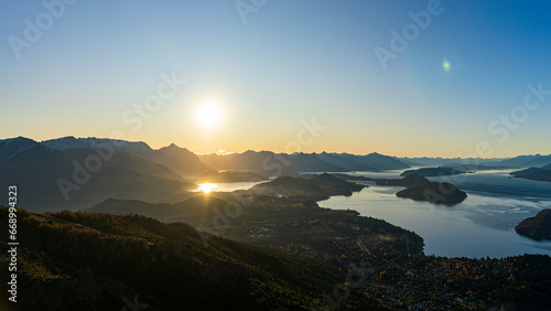 Sunset over Andes range and Lake Nahuel Huapi in the City of San Carlos de Bariloche, Patagonia, Argentina.