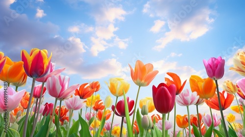 Vibrant tulips in full bloom  creating a colorful tapestry against a springtime sky.