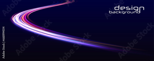 Neon swirls with light effect in the form of a spiral. Laser beams, horizontal light rays. Particle motion effect. Magic of moving fast lines. 