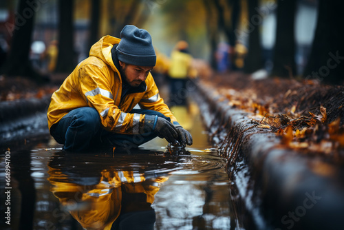 Public Worker Performing Plumbing Tasks in a Rain-Flooded Ditch with Reflective Vest photo