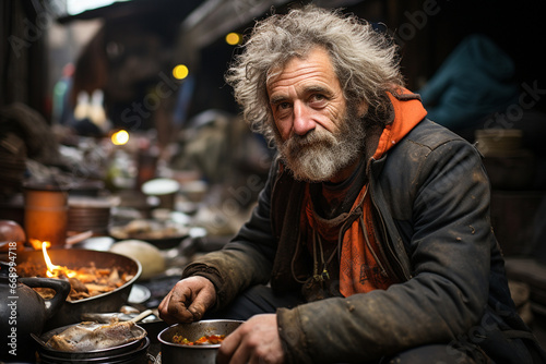 A Homeless Person on the Street Prepares Food Outdoors.