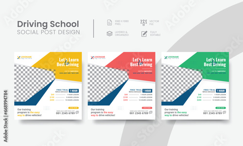 Driving school social media post for wanted to learn promo ads design. High-quality vehicle driving school social media post layout for promotional advertising. Vol - 7
